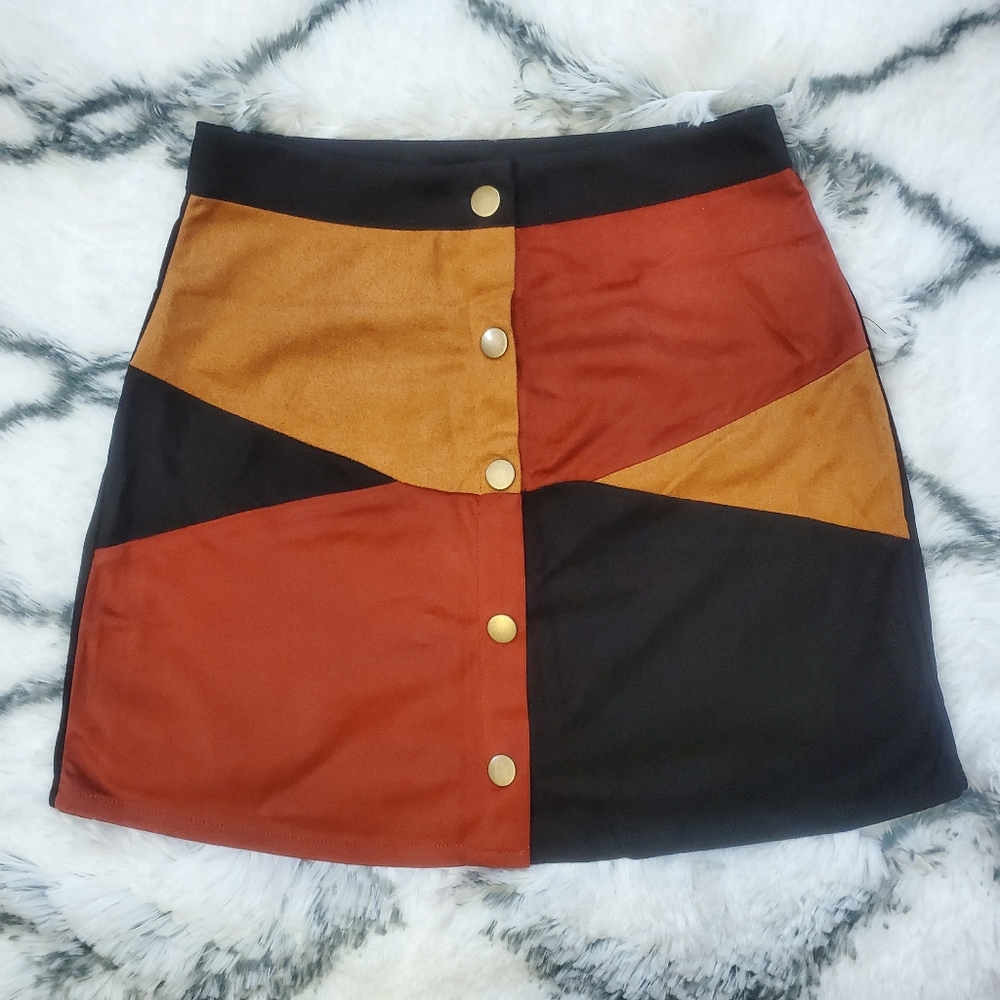 Colorblock Button Front Suede Skirt